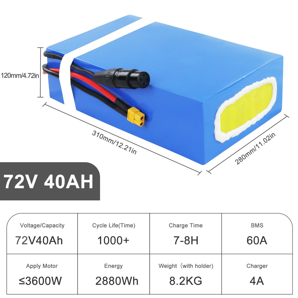 72V - 40Ah Lithium Ion Electric Bike Battery - Ebike Battery for 0 - 3000W Bicycle - E Scooter/Go Kart Battery