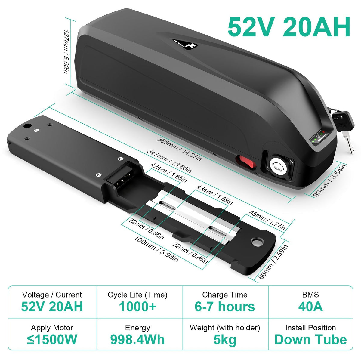 (AU Warehouse)Ebike Battery 52V 20AH LG 4800 CELLS Lithium ion Battery with Charger, USB Port for Electric Bike 250W 450w 500w 750w 1000w 1500W motor - Fengli Power Tech Ltd