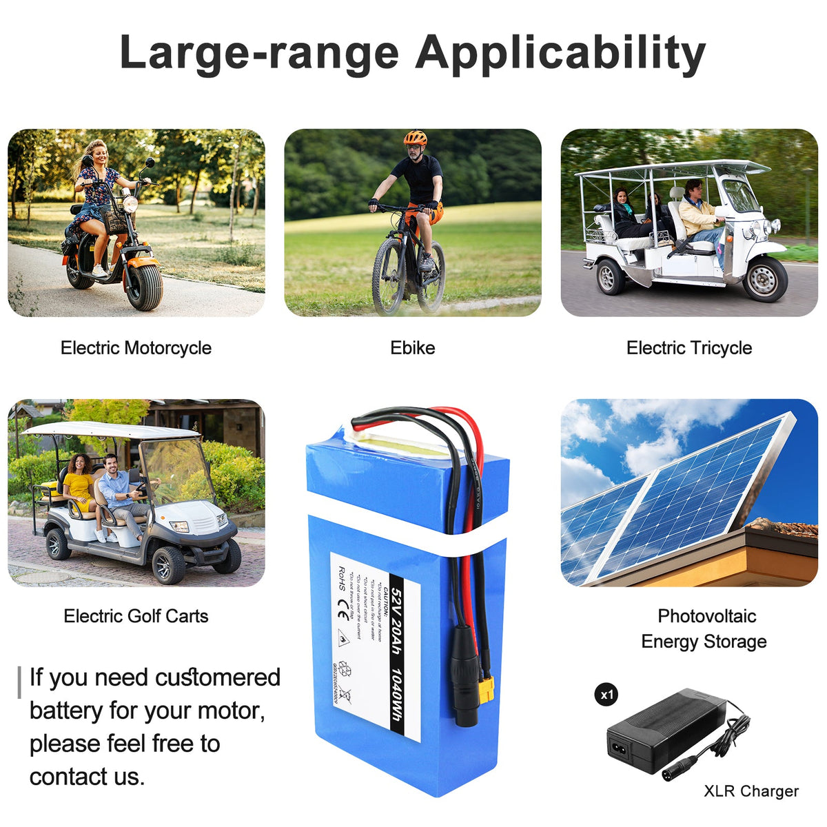 52V 20AH Ebike Battery for 500-1500W Ebike Motorcycle, Go-kart, Scooter, Waterproof Lithium Battery Rechargeable with Charger