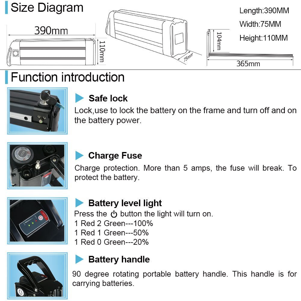 (EU Warehouse)Bicycle lithium battery 36V 17.5Ah Silverfish E - bike Li - ion batteries (BMS20A) for 0 - 500w Bafang motor with 2A charger - Fengli Power Tech Ltd