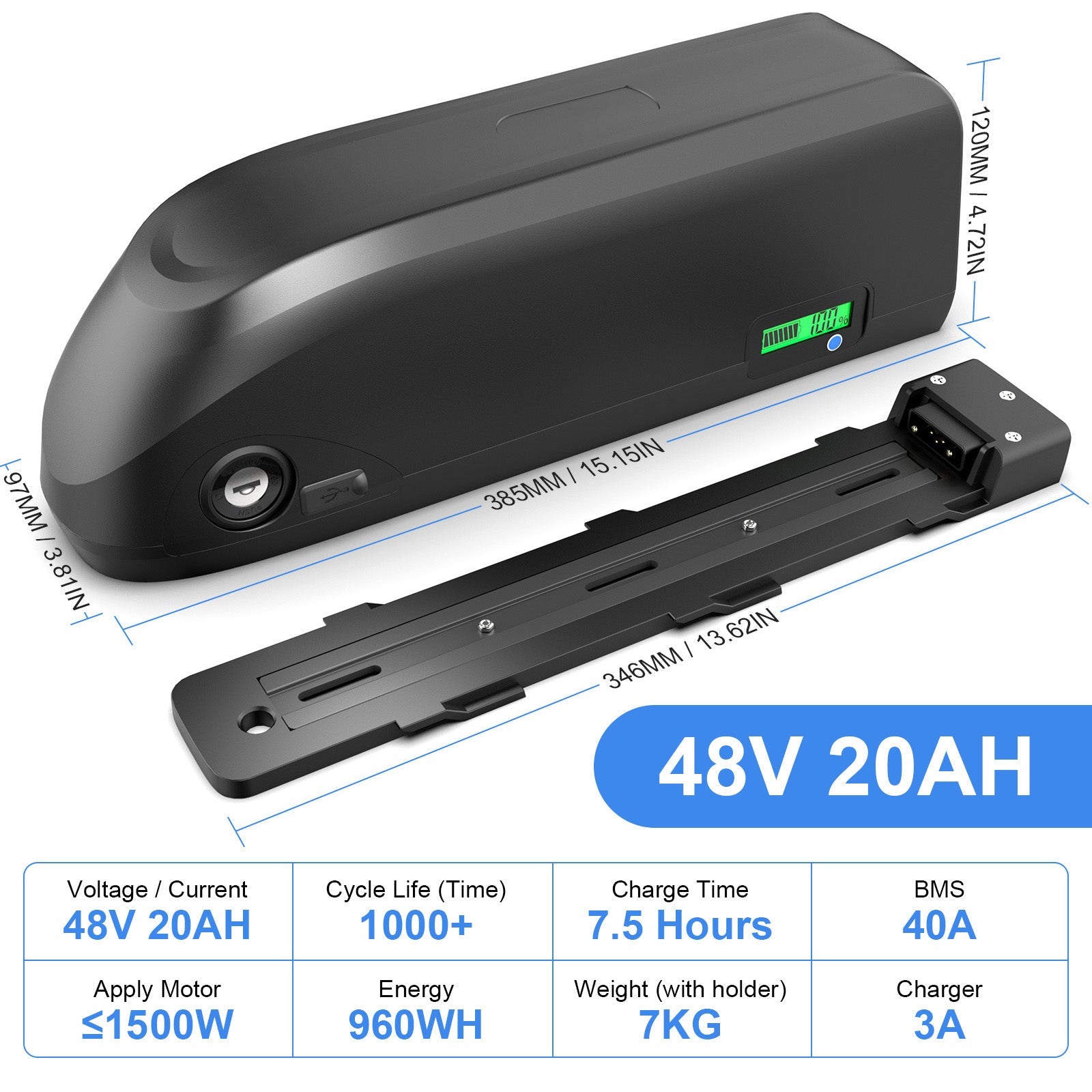 48V 20Ah Ebike Battery with Fuse/LED Indicator/Safe Lock Down Tube (5PIN) Electric Bicycle Battery for 1500W Motor