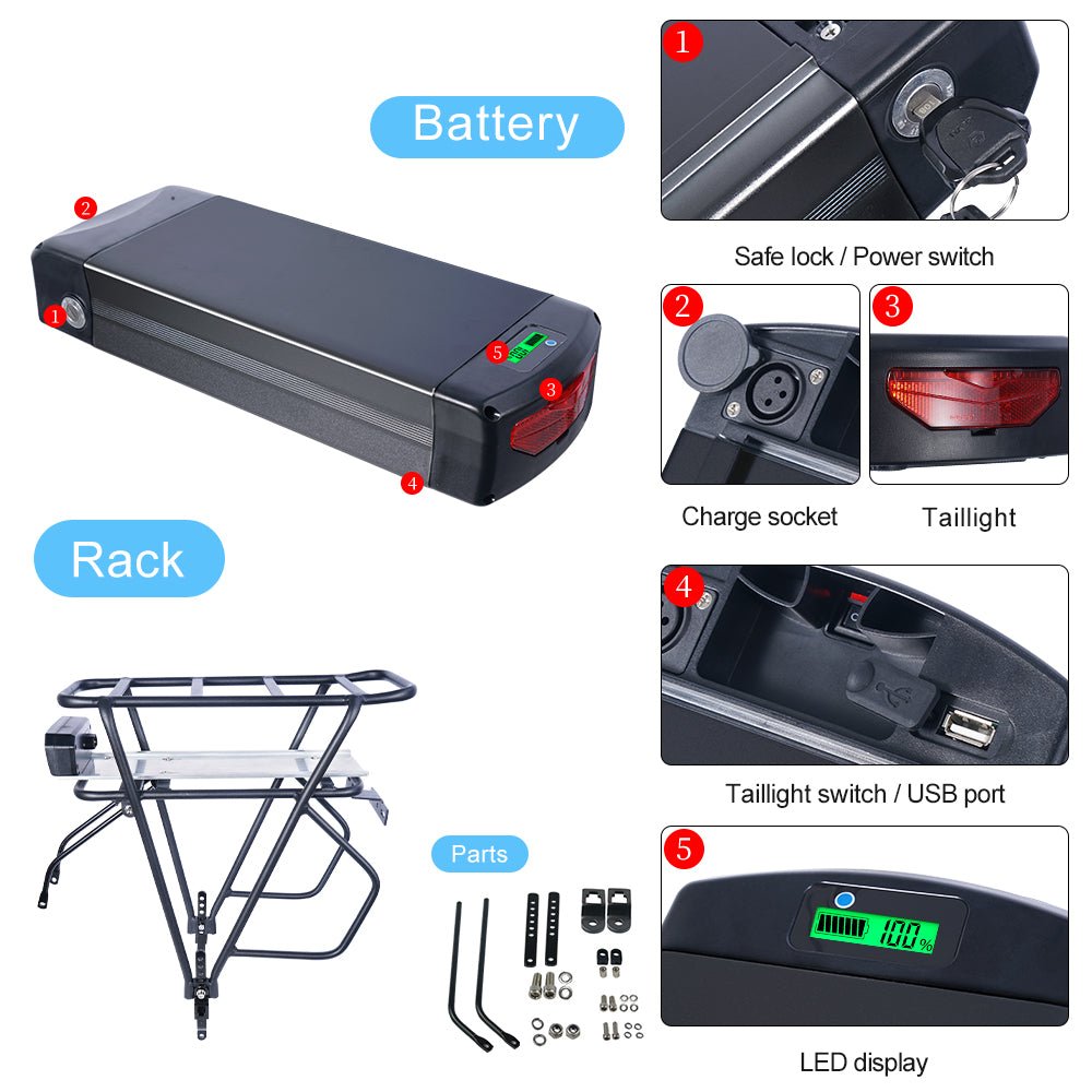 (UK Warehouse)Ebike Battery With Luggage Rack for 1000W 1500W 3000W Ebike Conversion Kit - Lithium Battery for Bafang Mid Drive Front/ Rear Hub Wheel Kit - for 24'' - 28''Wheel - BMS EBike Tech Ltd