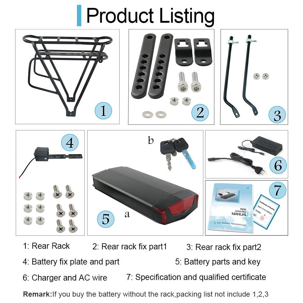 (UK/EU Warehouse) 36V 48V Ebike Battery Lithium lon Rear Rack Battery for 500W Bike Motor, Mountain Bike Battery with Luggage Rack Battery with Charger and BMS Protection Board - Fengli Power Tech Ltd