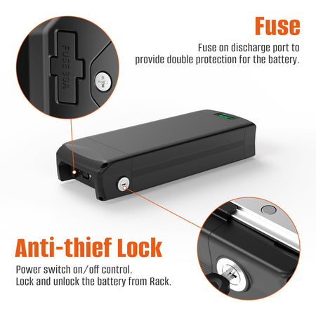 (UK/EU Warehouse) 36V/48V/52V/72V Rear Rack Ebike Battery With Luggage Rear Rack for 250w 350w 500w 750w 1000W 1500W 2000W 3000W Electric Bike Bicycle Motor Lithium Battery for 24'' - 28''Wheel with Charger - Fengli Power Tech Ltd