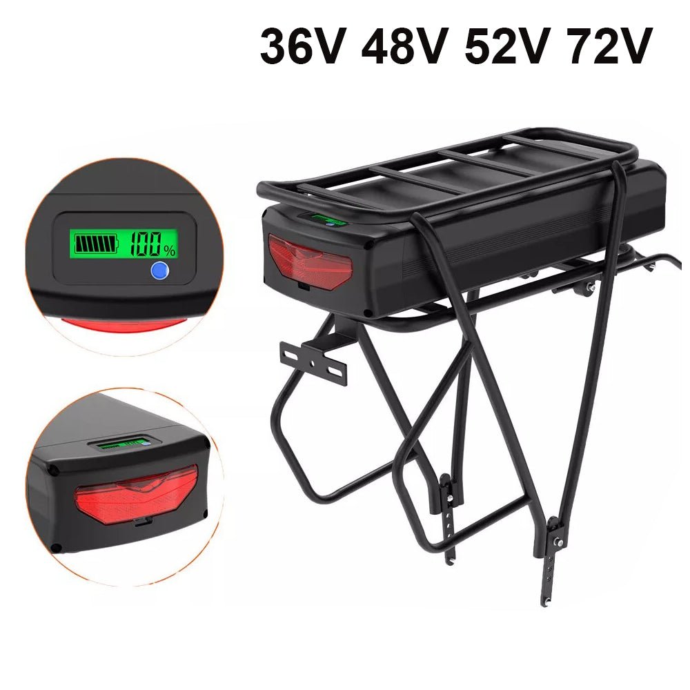 (UK/EU Warehouse) 36V/48V/52V/72V Rear Rack Ebike Battery With Luggage Rear Rack for 250w 350w 500w 750w 1000W 1500W 2000W 3000W Electric Bike Bicycle Motor Lithium Battery for 24'' - 28''Wheel with Charger - Fengli Power Tech Ltd