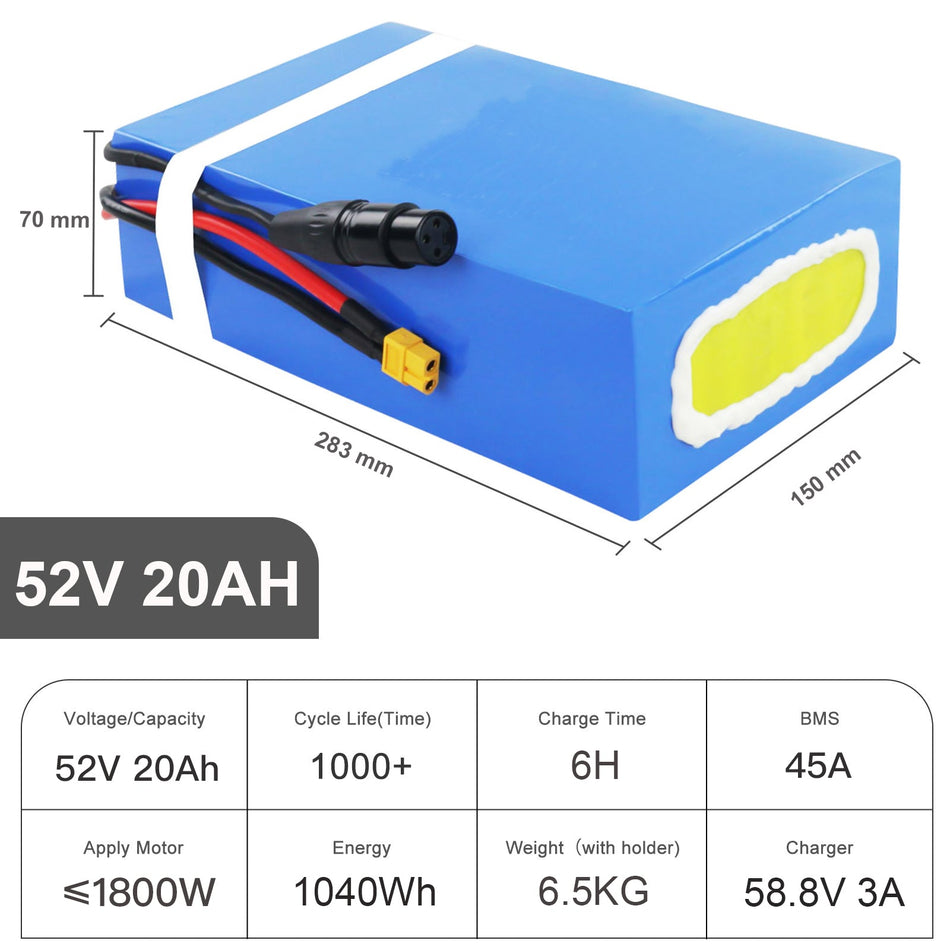 (US Warehouse) 52V 20AH Ebike Lithium Li - ion (BMS 45A)Battery for 1800W 1500W 1000W 750W 500W E - bike Electric Bike Motercyckle, Go - kart, Scooter, Waterproof lithium Battery Pack Rechargeable - Fengli Power Tech Ltd