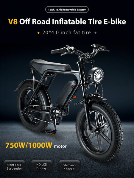 V8 Electric Mountain Bike with 750W Motor 48V 15Ah Removable Larger Battery 18.6MPH 20'' Fat Tire E Bike Shi-Mano 7-Speed