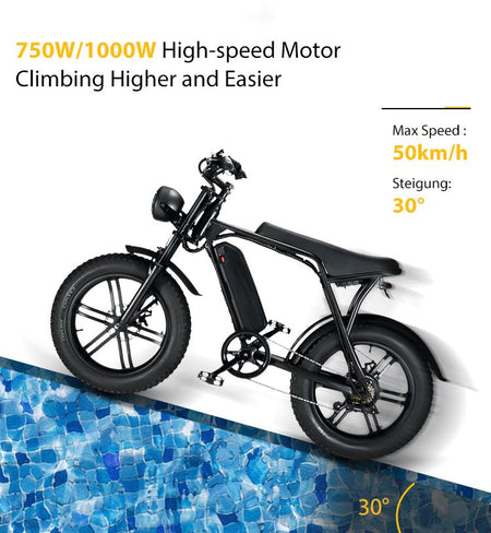 V8 Electric Mountain Bike with 750W Motor 48V 15Ah Removable Larger Battery 18.6MPH 20'' Fat Tire E Bike Shi-Mano 7-Speed