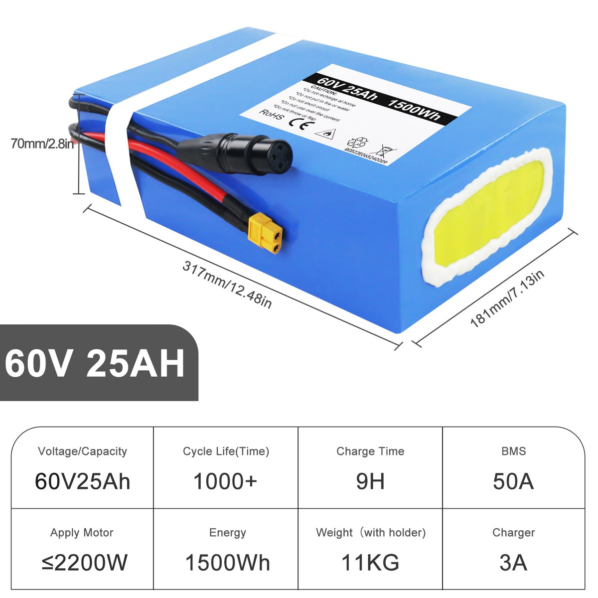 60V 25AH Ebike Lithium Battery for 2200W Motor, Waterproof lithium Pack for Motercyckle, Go-kart, Scooter