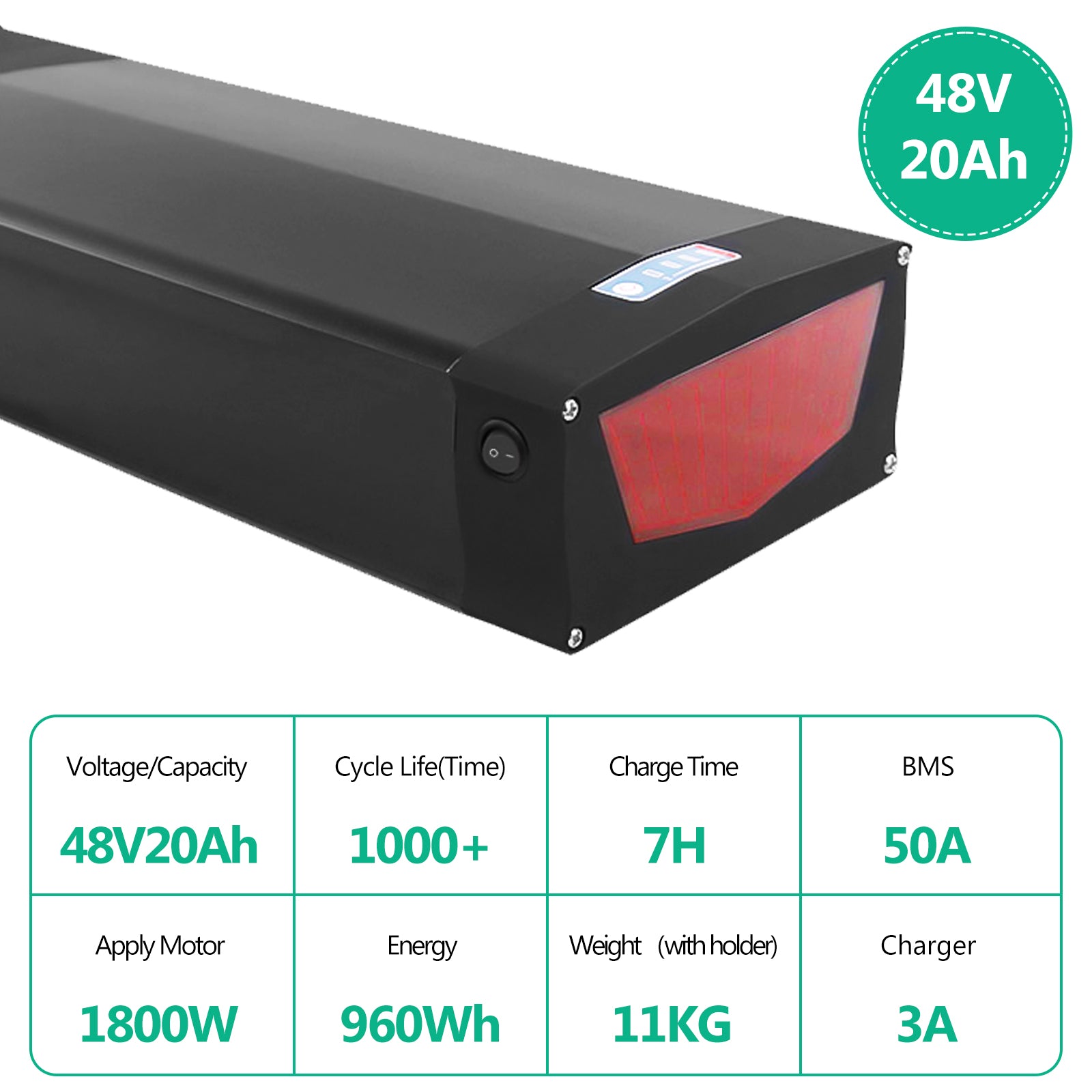 (BMS50A) Ebike Battery 48V 20AH Lithium Battery Pack for 1800W Motor, Rear Rack Electric bike battery with Rack, Charger