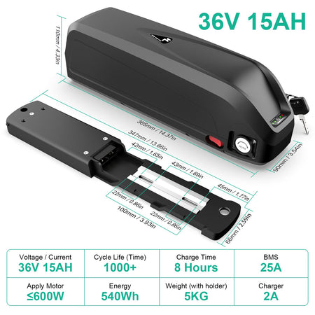Ebike Battery 36V 15AH with Charger, USB Port, Lithium Electric Bike Battery for 36v 700w 500w 250w Motor