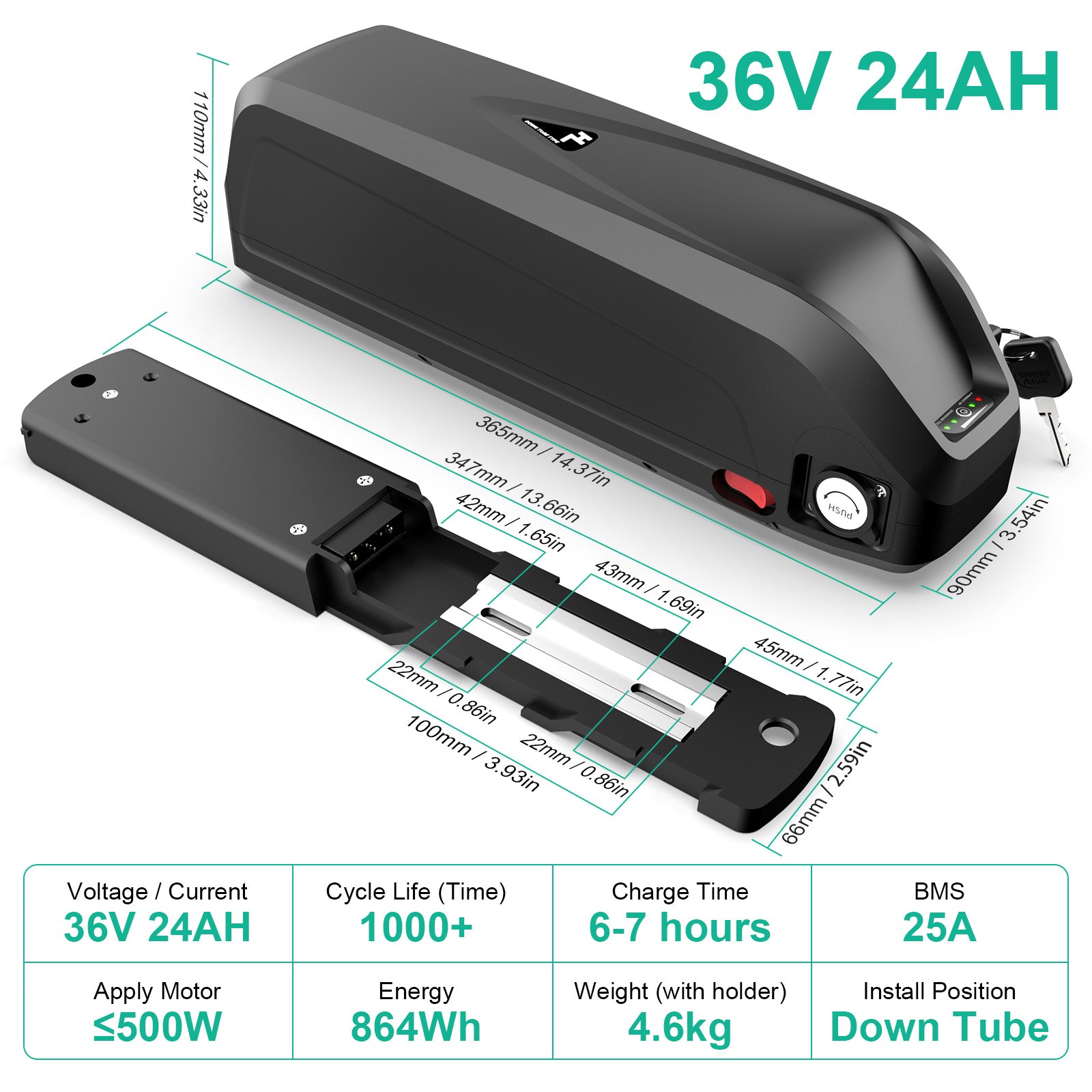 Ebike Battery 36V 24AH 4800mAh Lithium ion Battery with Charger for Electric Bike 700W 500w 350W 250w motor