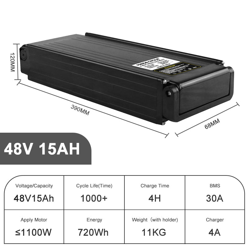 UK Stock Rear Rack Battery 48V 15Ah Lithium Electric Bike Battery with Double Layer Luggage Carrier - BMS EBike Tech Ltd
